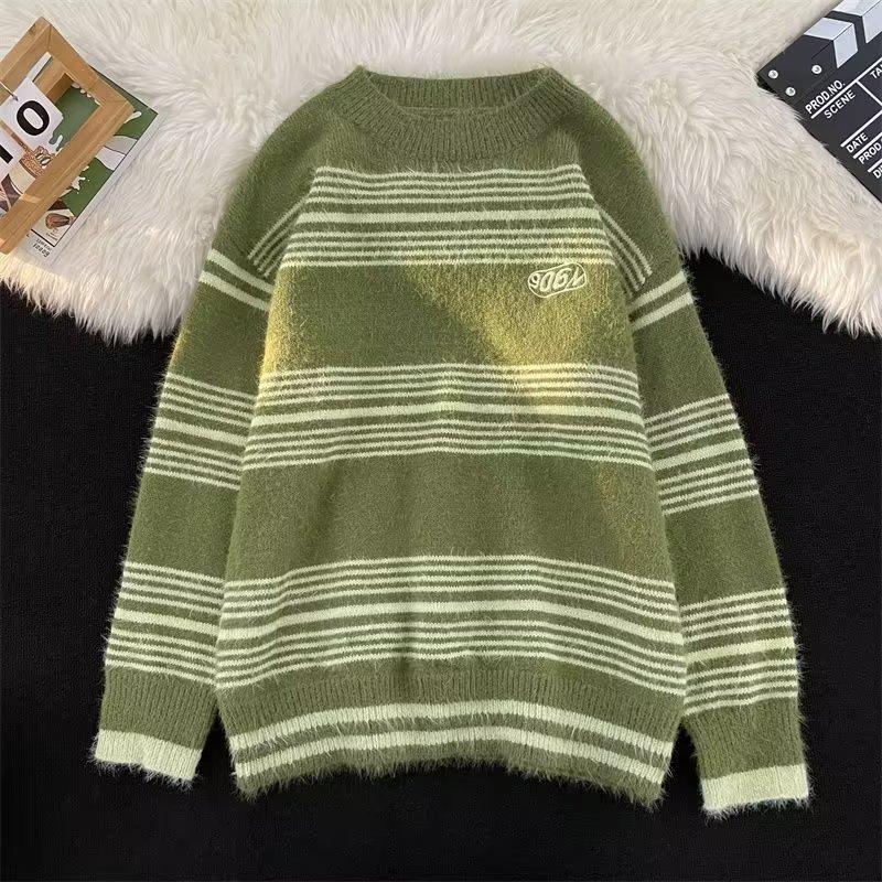 Autumn and winter hiphop retro splicing striped sweater men's American street ins lazy wind loose pullover knitted sweater
