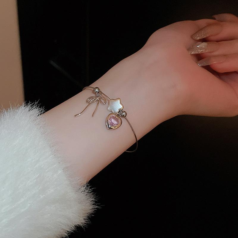Fashion Women's Bowknot Pendant Bracelet Star Pink Zircon Heart Open Bangle Bracelet Accessory for Women Girl Y2K Style