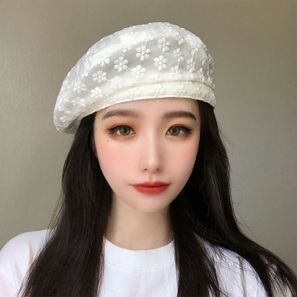 Beret Women's Summer Thin Breathable Versatile Belle Hat Sweet and Cute Flower Lace Painter Hat