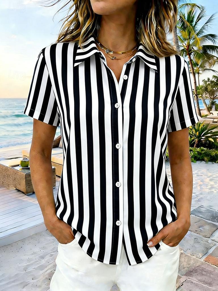 Women's Multicolored Stripes 3D Print Lapel Shirt Short Sleeve Button Down Casual Tops Summer Beach Hawaiian Wear Lightweight