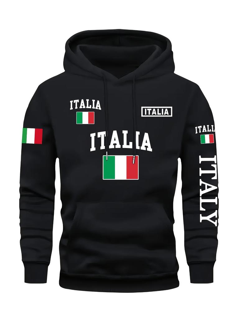 Men's Stylish Graphic Hoodie Black Casual Pullover Front Pocket Comfortable Polyester Blend Machine Washable Italy Sweatshirt