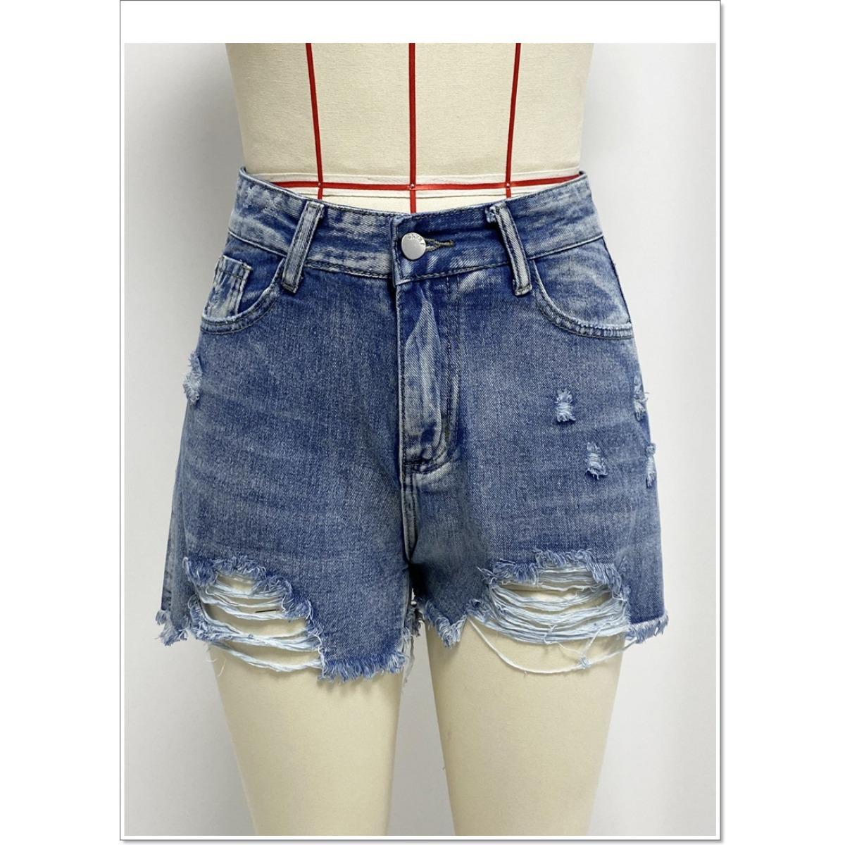 

Летние джинсовые шорты Broken Holes Hot Girl, женские шорты A-силуэта с высокой талией и необработанным краем S джинсовый синий