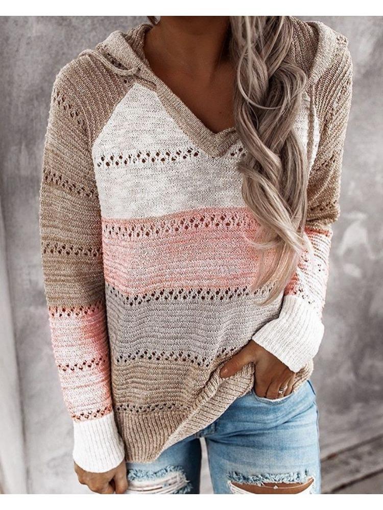 Herbst Winter Gestrickter Kapuzenpullover Dreifarbiger Patchwork Damenpullover Luxuriös Lässige Passform Schlankmachendes und Vielseitiges Oberteil