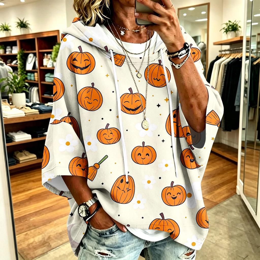 Women's Hoodie with Halloween Print, Loose Fit Casual Pullover Top