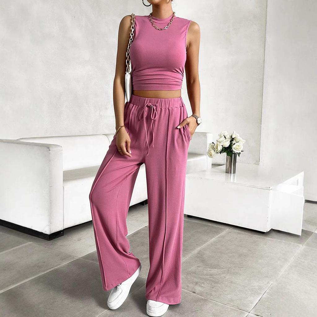 2026 Women's Knit Casual Two-Piece Set: Short Tank Top & Wide-Leg Sports Pants