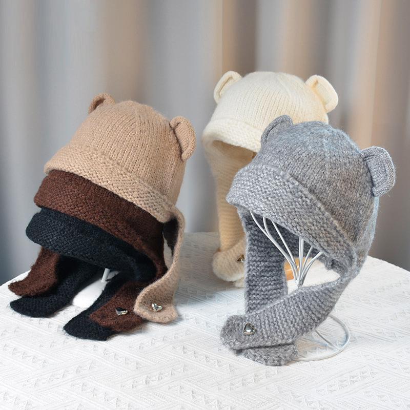 

Шапка из вязаной шерсти с медведем, теплая, осенне-зимняя, женская, для улицы, с защитой от холода и ушей, с рукавами хаки