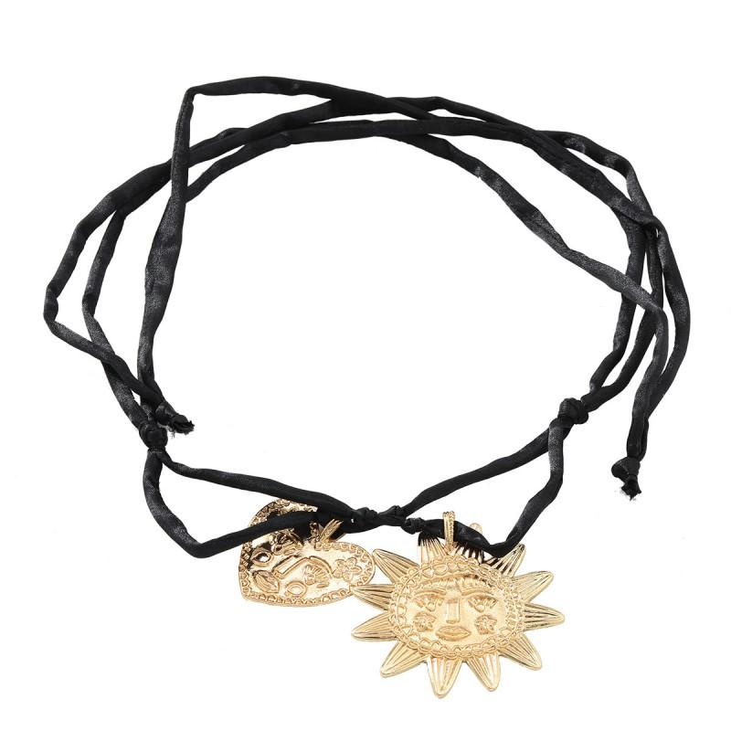 Geometric Sunflower Pendant Necklace With Heart Charm Alloy Chain Women Daily Wear Trendy Minimalist Jewelry Black Cord Gold Tone