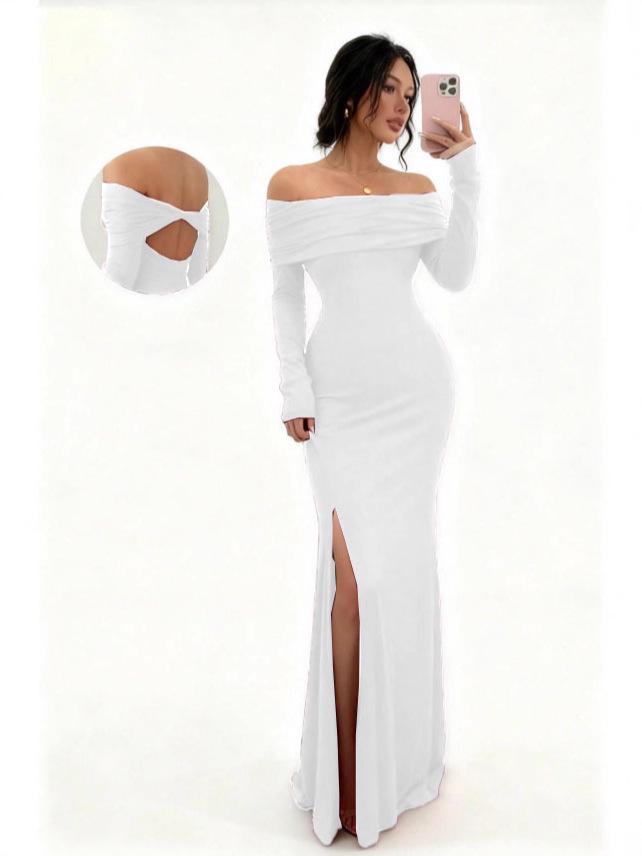 2025 Elegant One-Shoulder Long-Sleeve Slit Slim-Fit Dress