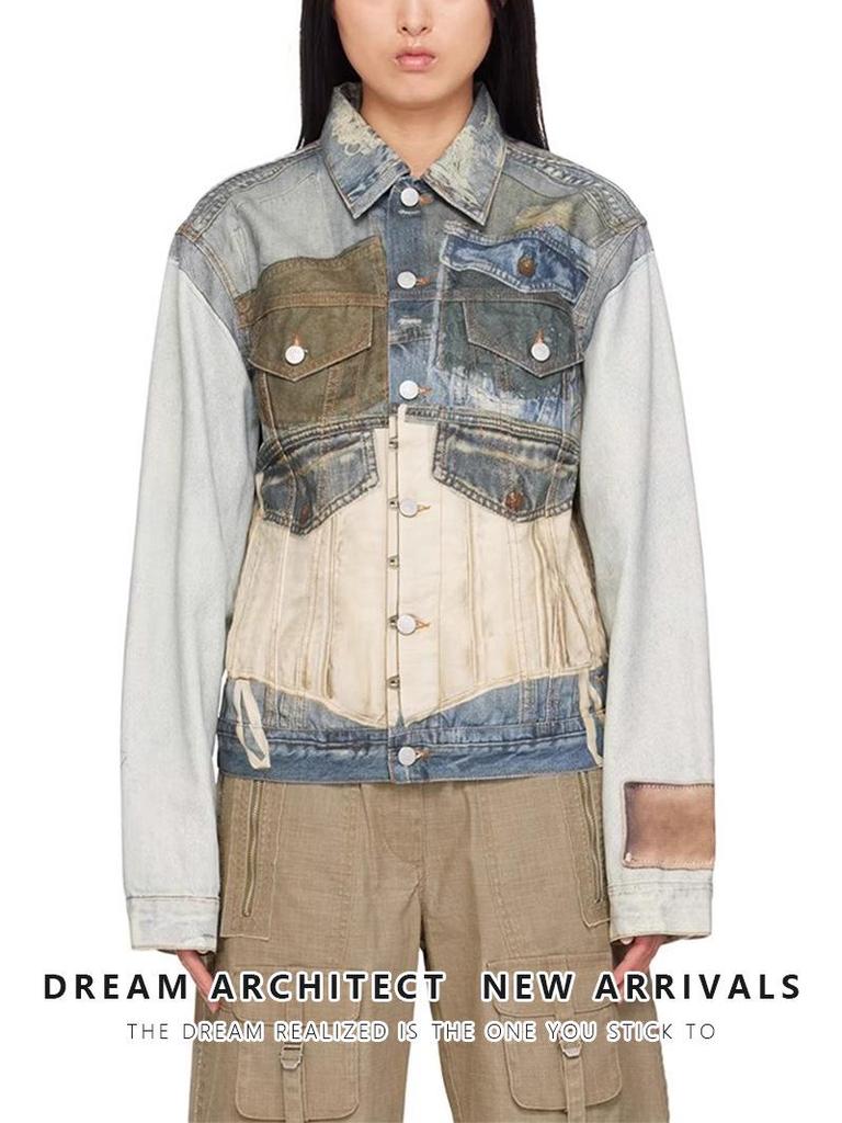 Damen Retro Slim-Fit Rissige Jeansjacke mit Visuellem Print