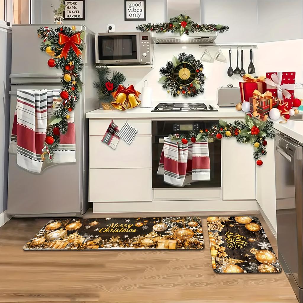 2 Stück Anti-Ermüdungs-Küchenteppiche Weihnachten Wasserdicht Rutschfest Dick Gepolsterte Küchenmatte Schwerlast-Komfort-Stehmatte für Küche
