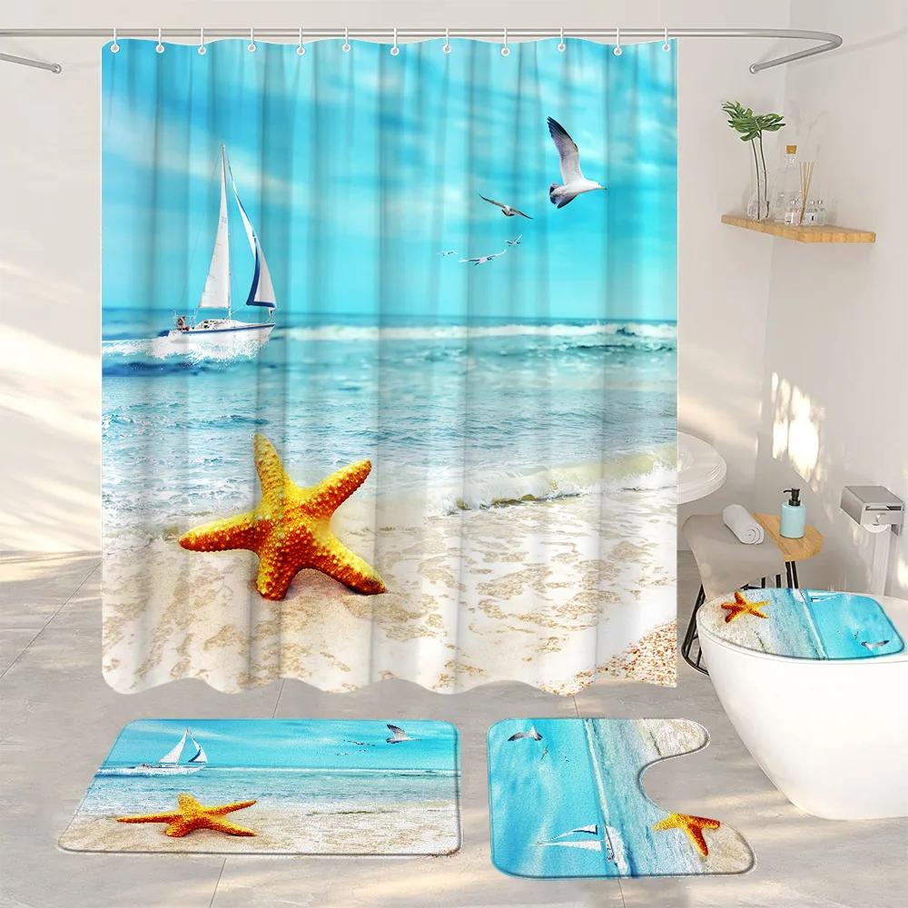 Ocean Beach Shower Curtains And Rugs For Seaside Tropical Landscapes Coconut Trees Cars Hanging Curtains Bath Pad Bathroom Decor