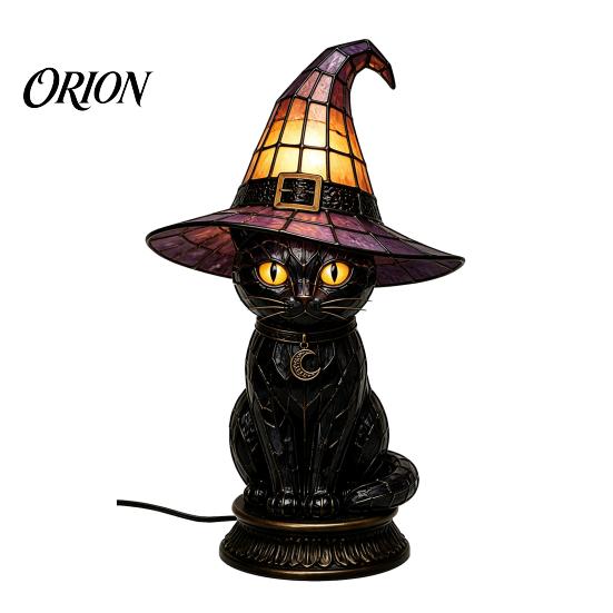 Atmosphärische Beleuchtung für Schlafzimmer Schwarze Katze Hexenhut Tischlampe, mit verträumtem lila Licht, dunkle Ästhetik Gothic Ornament Retro Halloween Ornament,