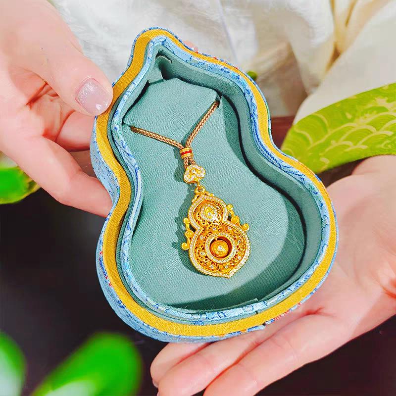 Goldener Fulu drehbarer Anhänger für Damen: Antiker Filigran mit Strasssteinen, Lebens vier Schönheiten Kürbis Pulloverkette