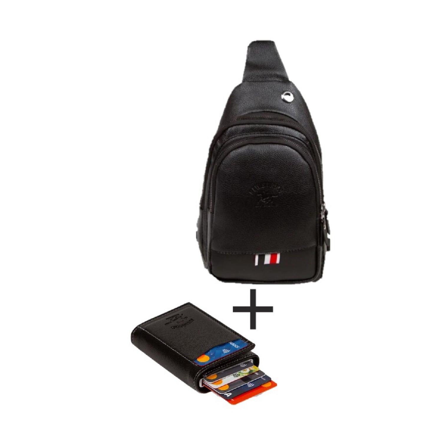 

Черная сумка для наушников из веганской кожи на пояс и через плечо с автоматическим механизмом и смарт-держателем для кредитных карт чёрный