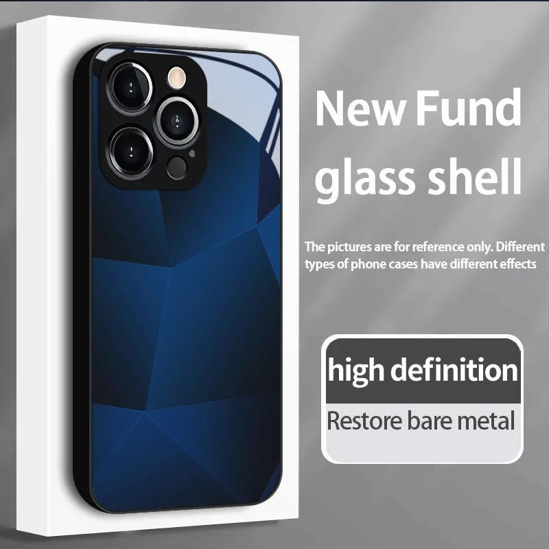 Dark Blue Geometric Mosaic Pattern TPU Glass Phone Case, Suitable for iPhone 17, 16, 15, 14, 13, 12, 11, Etc.