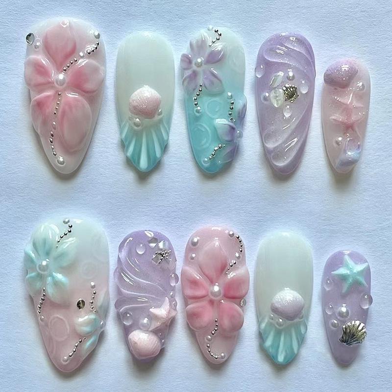 24Pcs Gold Pink Flower Press On Nails Almond Shape Glossy Fake Nails With Pearl Decor Autumn Ballet False Nail Tips