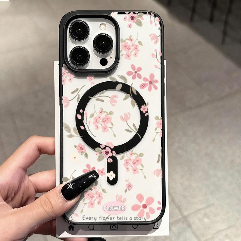 Small Pink Flowers Design Magnetic Phone Case For iPhone 17 Pro Max Cases iPhone 16 Plus 15 14 13 12 11 Air 17 Transparent Cover