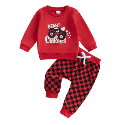 Conjunto de 2 peças para meninos, moletom com estampa de carro e letras de manga comprida com calça de moletom xadrez, traje para o dia dos namorados