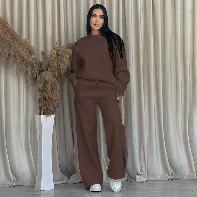 2024 podzim a zima nové jednobarevné kulatý výstřih s dlouhým rukávem volné dámské oblečení módní ležérní sada širokých kalhot