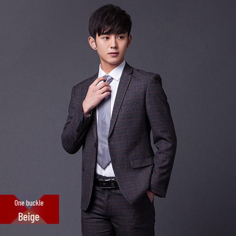 Men's Blue Plaid Slim Fit Blazer & Suit Set - Korean Style Two-Button Casual Tuxedo