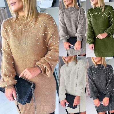 Women's New Sweater Long-Sleeved Pearl  Dress Casual Top