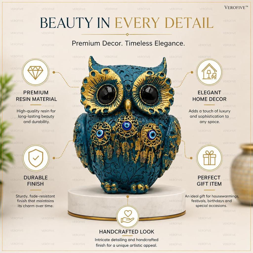 Decorative Owl Showpiece for Home Decor | Premium Resin Owl Statue with Gold Detailing | Lucky Owl Figurine for Living Room, Office & Gift