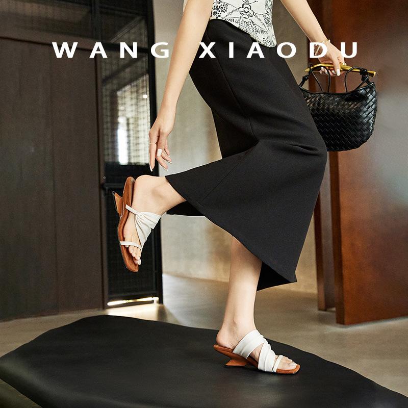 Sheepskin Color Matching Retro Square Head with Wedge Heel Slippers Women's Summer Wear Korean Version Open-toed High-heeled Sandals