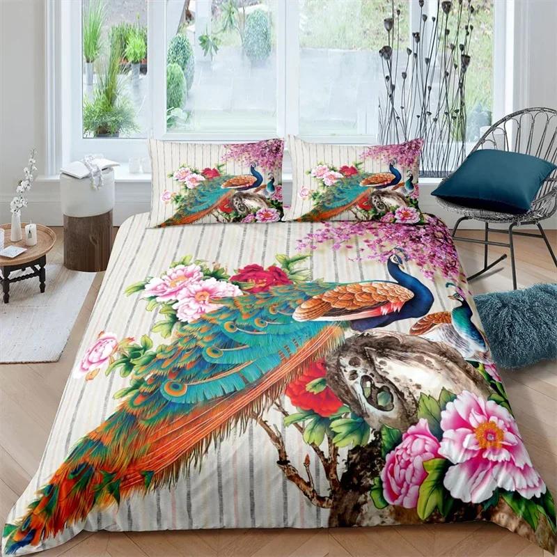 Peacock Duvet Cover Exotic Birds Animals Quilt Cover Polyester Feather Butterfly Flowers Bedding Set 2/3Pcs King For Girls Teens