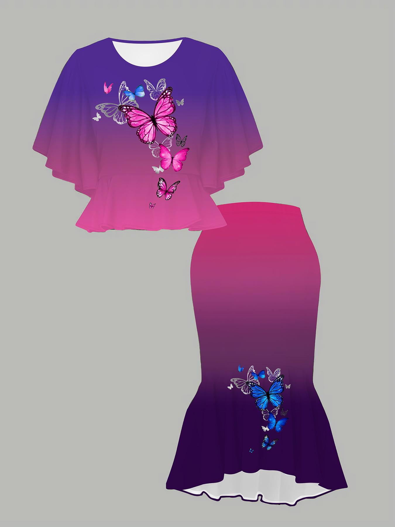 

3D Butterfly Printed Classical Totem Women s Print, Fashionable Large-sized, Elegant, Versatile for All Seasons. T-shirt, Skirt and Set 1XL рожевий