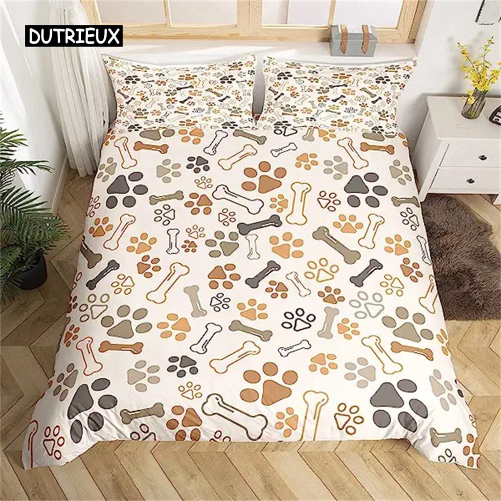 Hunde Pfote Bettbezug Knochen Muster Niedliches Hunde Pfoten Bettwäsche Set Für Teenager Mädchen Jungen Zimmer Deko Geschenke Haustier Tier Cartoon Bettdeckenbezug