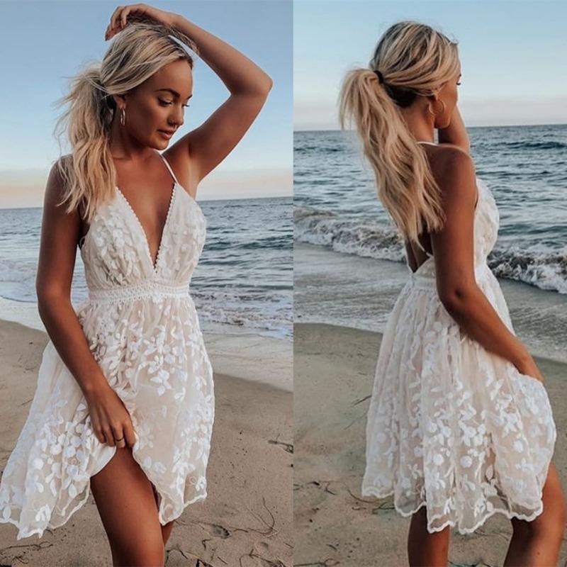Abito lungo da donna in pizzo con scollo a V e schiena scoperta