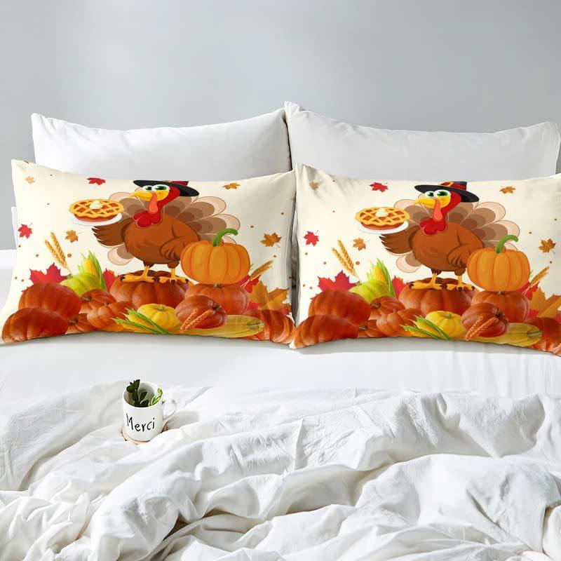 Turkey Three-Piece Quilt Cover 3D Digital Printing Bedding Autumn Pumpkin Maple Leaf Bed Cover