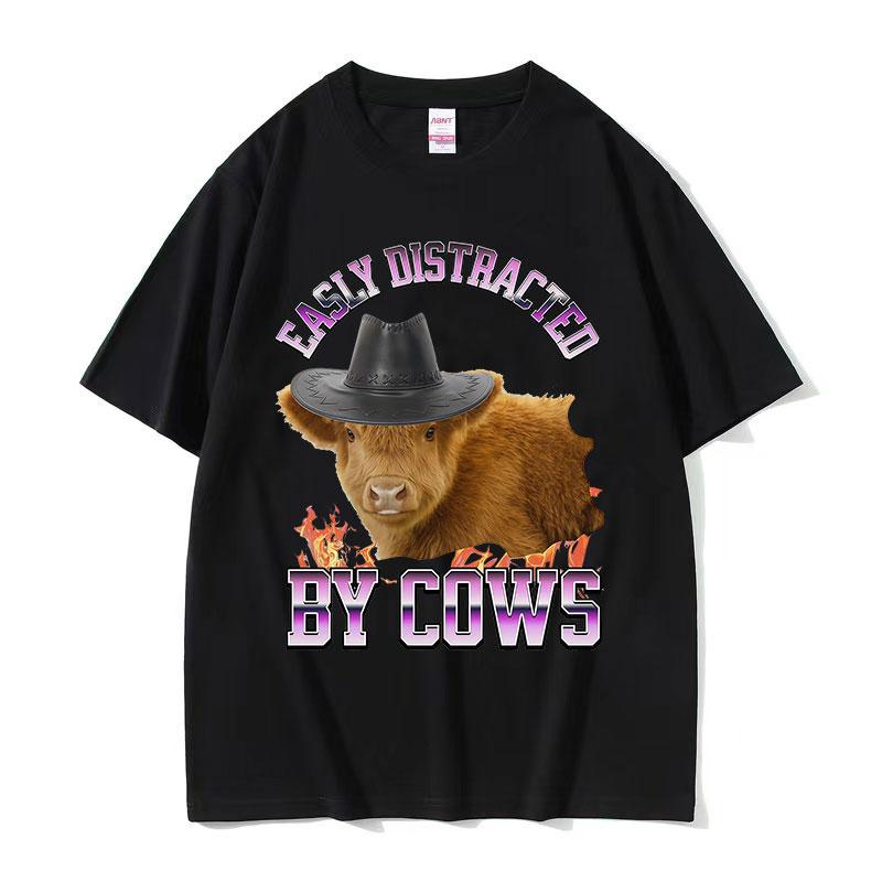 Easily Distracted By Funny Cows Meme TShirt Unisex Summer Casual ONeck Cotton T Shirt Retro Oversized Short Sleeve Tshirts