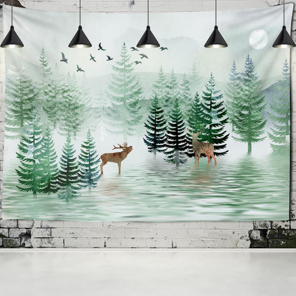 Colorful Cartoon Elk Forest Tapestry Wall Hanging Psychedelic Witchcraft Hippie Nature Scenery Home Decor Background Cloth