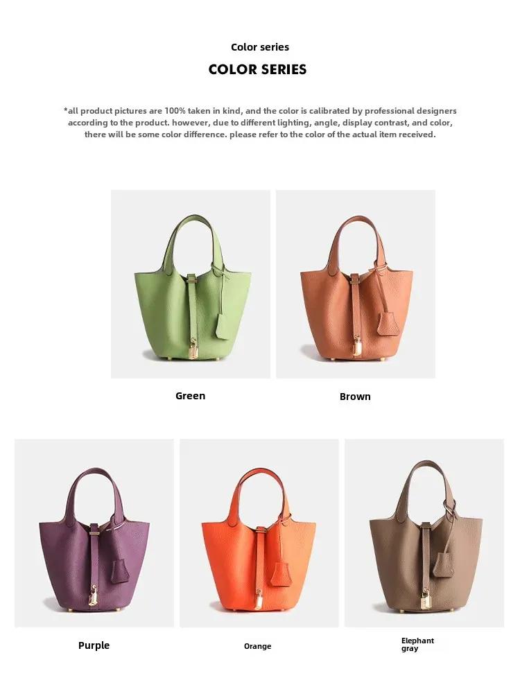 2025 Large Capacity Genuine Leather Commuter Handbag - Lychee Pattern Cowhide Bucket Bag