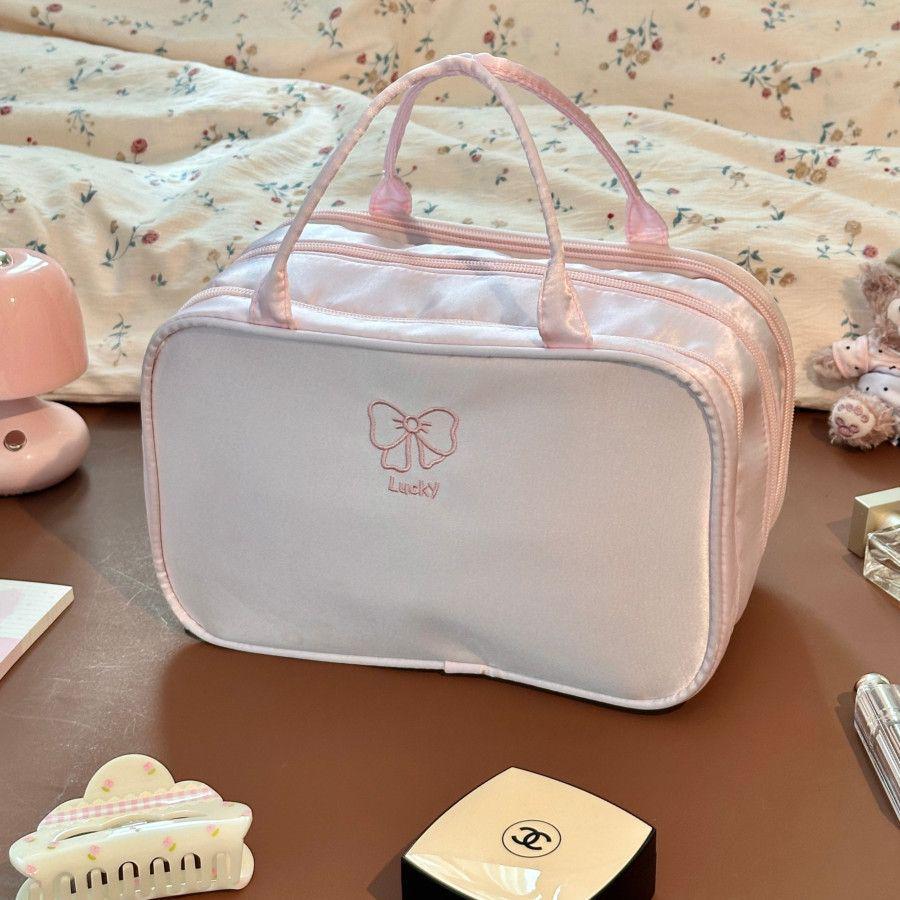 

Large Capacity Three-Layer Cosmetic Bag with Girlish Bow - Travel Makeup Organizer 25x15x13.5cm