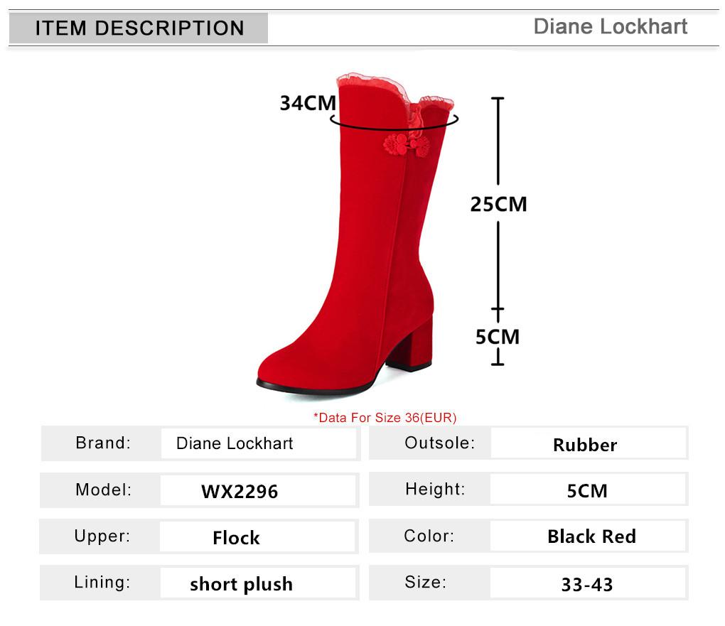 Fashion Elegant Flock Mid-calf Boots Women Shoes Woman Fashion Mid Heels Winter Lace Party Boots Black Red Bottine Mujer Large Size33-43
