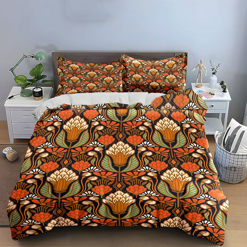 Orange and white floral pattern. Bedding sets Duvet cover sets Duvet covers Pillowcases(1* Duvet Cover 2* Pillowcases without duvet insert)