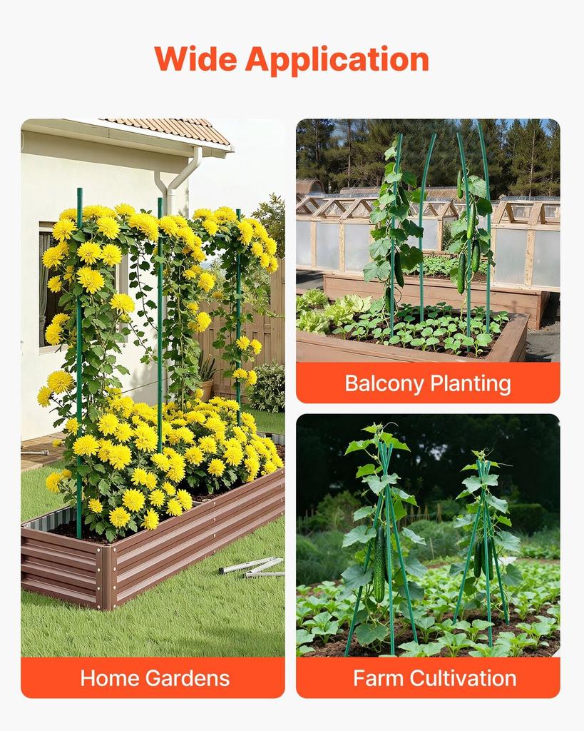 Garden Stakes, 50 Pack, 1455 Mm, Plastic Coated Metal Tomato Stakes, Garden Sticks for Plants Support, with Pointed End and Non-Slip Bumps for Growing