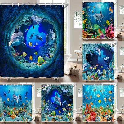 Mundo Subaquático Peixe Tartaruga Cortinas de Chuveiro 3D Oceano Golfinho Cenário Marinho Tecido Impermeável Cortina de Banho Decoração de Banheiro Tela
