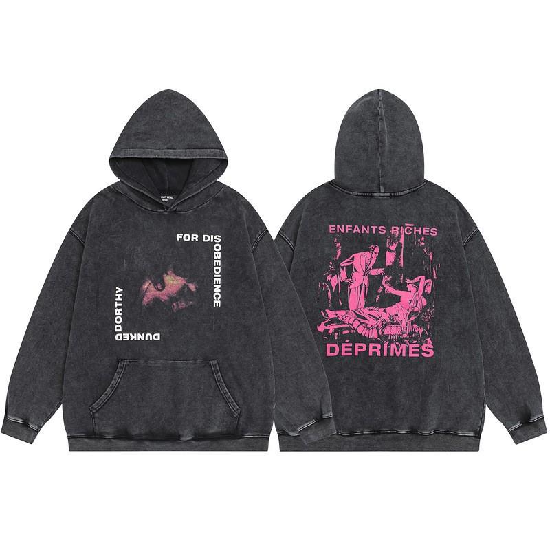 Mens Oversized Washed Cotton Hoodie With Print - Loose Fit Streetwear Sweatshirt Winter