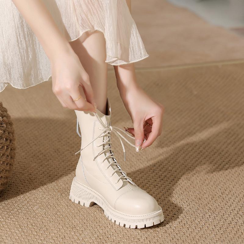 Middle heel autumn and winter new Martin boots women's thick-soled lace-up leather short boots women's beige temperament boots women