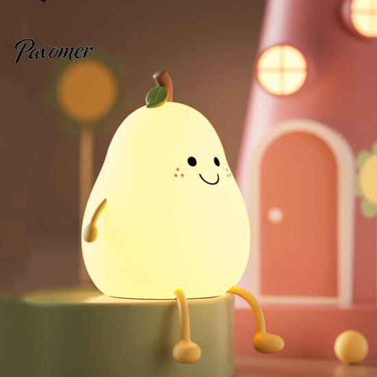 Fun Desk Ornament for Girls Pear Silicone Night Light, Touch Rechargeable Tapping Bedside Lamp, Portable LED Light Bedroom Cute Warm Atmosphere