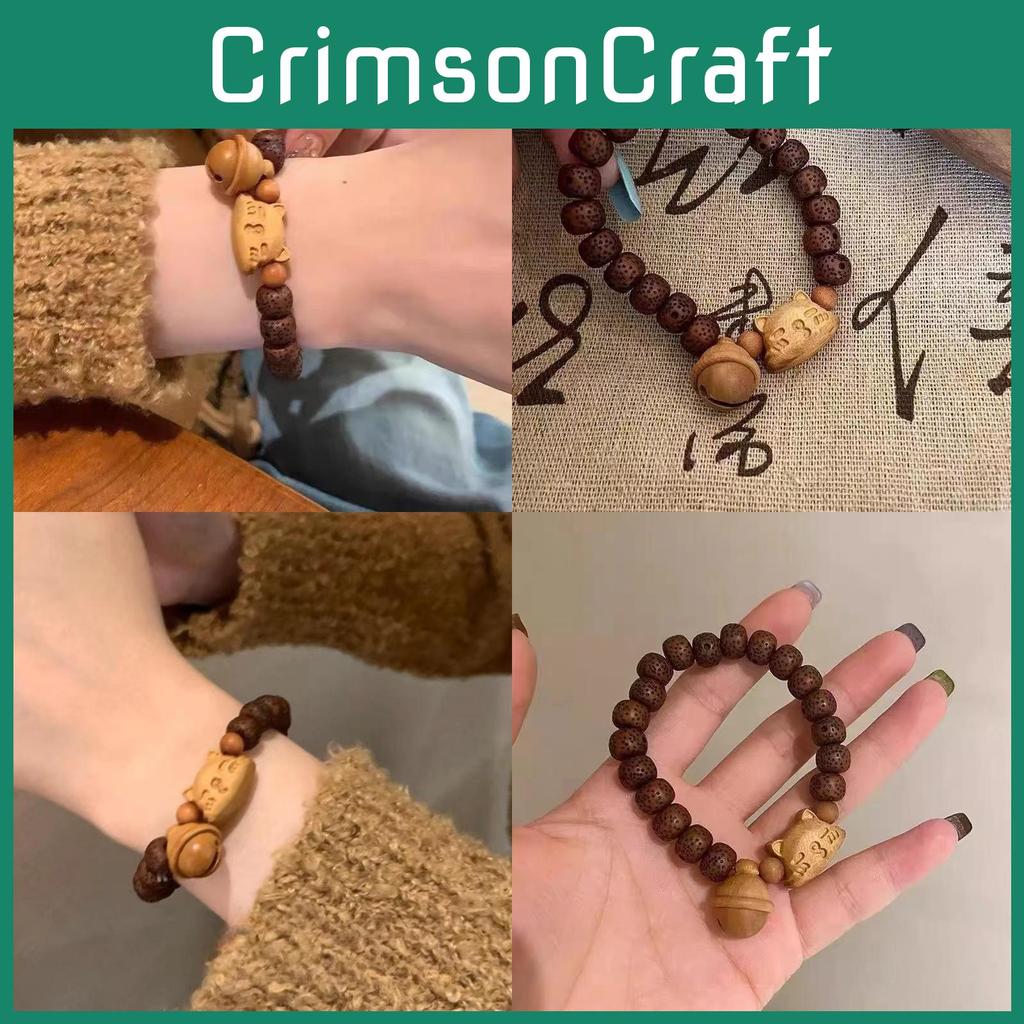 Cute Cat Charm Wooden Bracelet Handcrafted New Oriental Style For Women