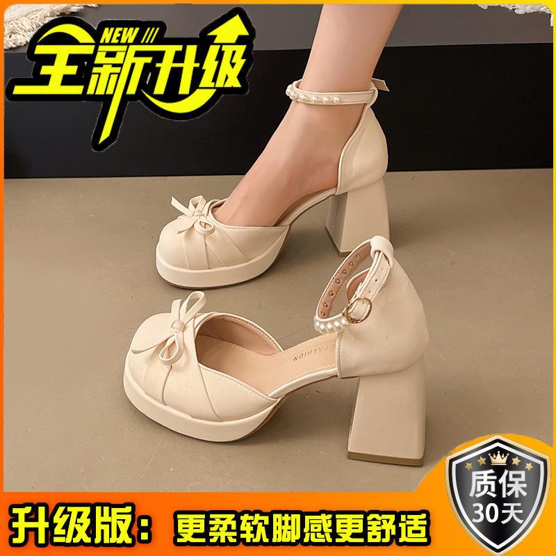 French sandals spring 2025 new popular new Chinese bow high heels temperament leather shoes fairy single shoes woman
