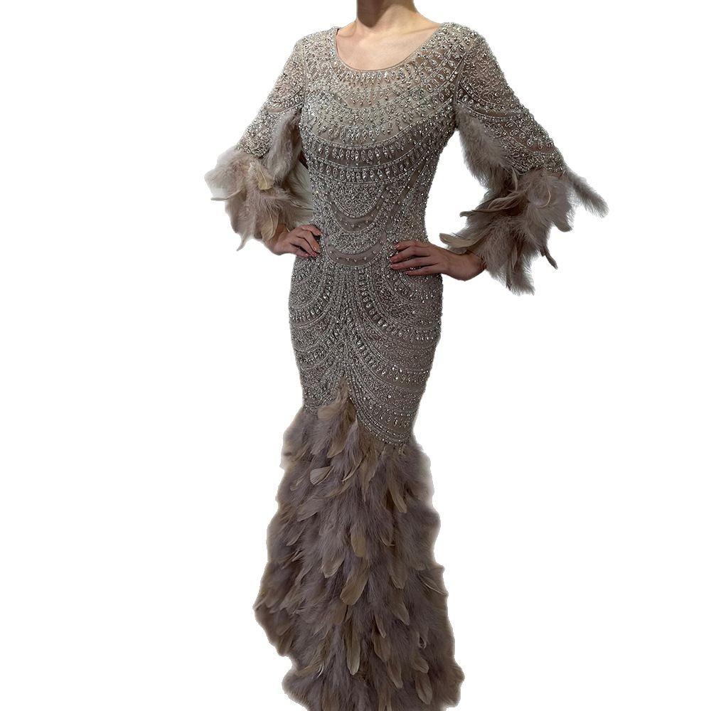Nude long-sleeved fishtail beaded feather dress, high-end elegant art exam solo dress LA11111