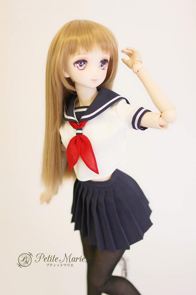 DD Compatible Cute High School Girl Sailor Uniform Short Sleeve White with Navy Skirt Summer Outfit Neat Pleated Skirt 60cm BJD Doll Clothes [Petite