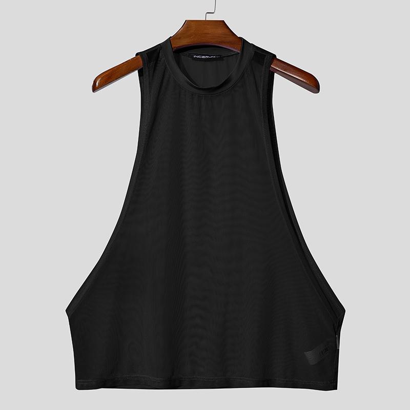 INCERUN Men Summer Sleeveless Big Cuff Mesh Sheer See Through Loose Beach Tank Tops M чёрный