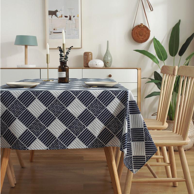 Round/Rectangle Tablecloth With Plaid Geometry Polyester Cotton Dust-Proof Washable Table Cover For Coffee Tea Dining Decoration