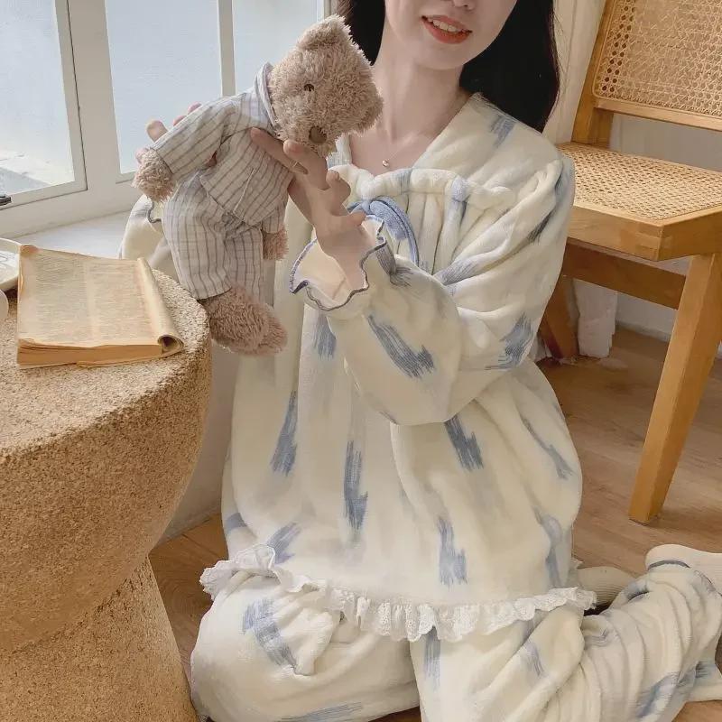 Dámské zimní flanelové pyžamo: Dlouhý rukáv, Teplý, S plusovým sametem, Ležérní domácí oblek